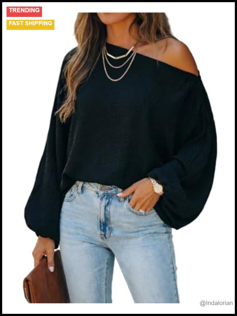 CHICME Off Shoulder Blouse Lantern Sleeve Textured Loose Fit Work Top